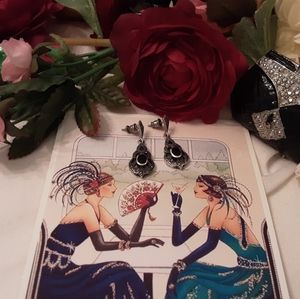 VINTAGE 925 SOLID STERLING MARCASITE & ONYX DANGLE POST EARRINGS